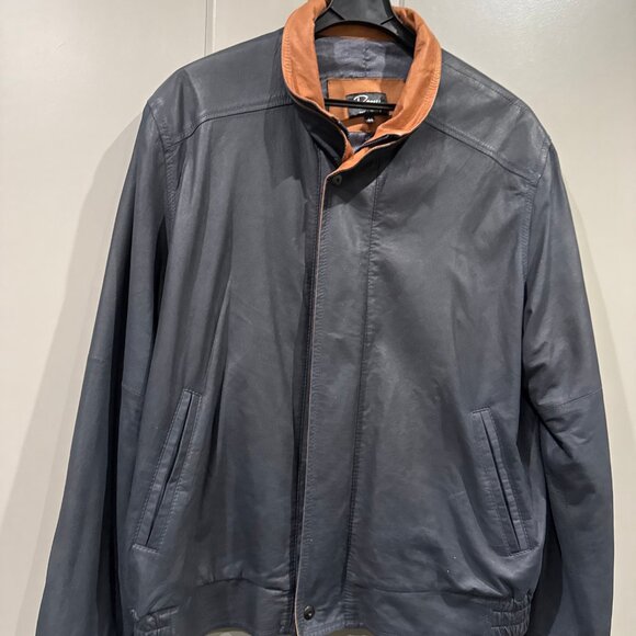 Remy Men’s Leather Bomber Jacket Soft Thin Black Leather Brown Trim Size 44